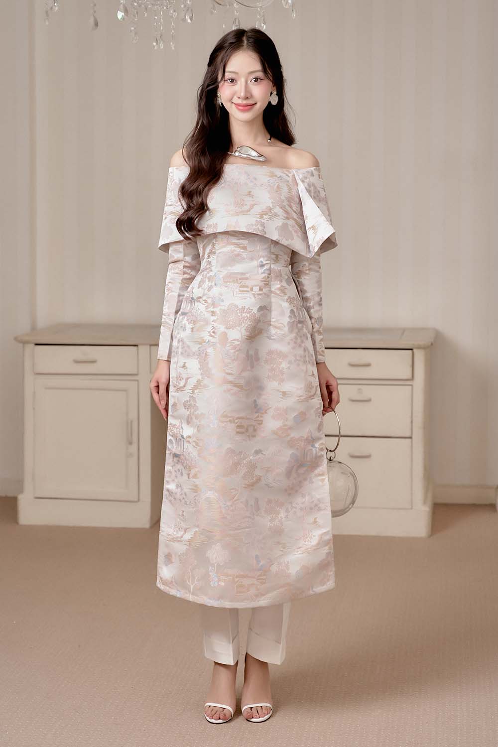 Giai Nhan A-line Off-Shoulder Brocade Ankle Length Set