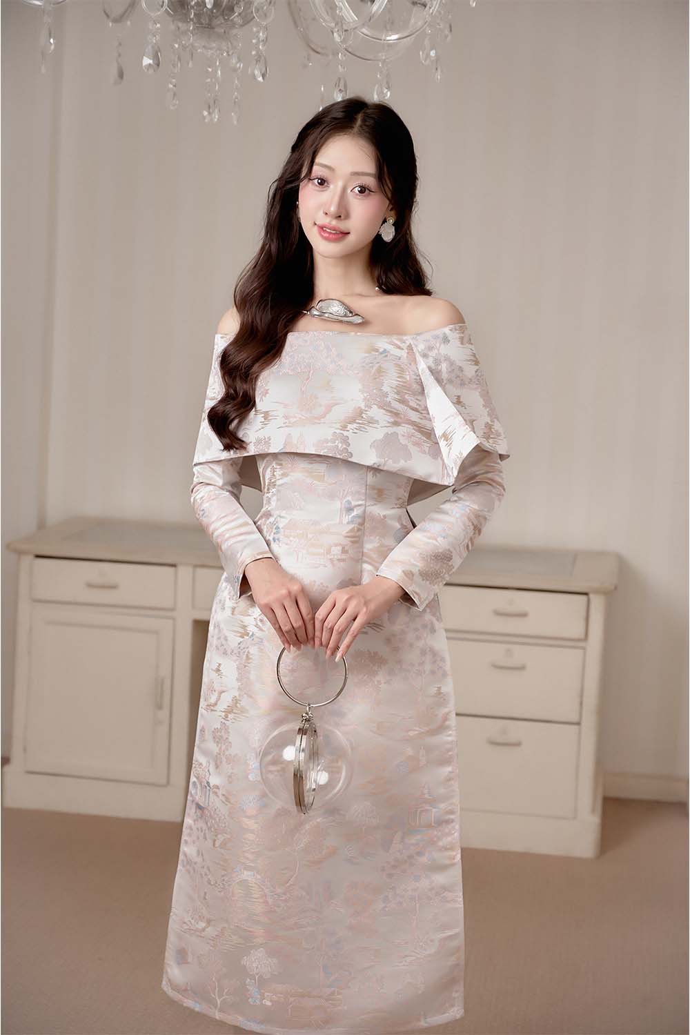 Giai Nhan A-line Off-Shoulder Brocade Ankle Length Set