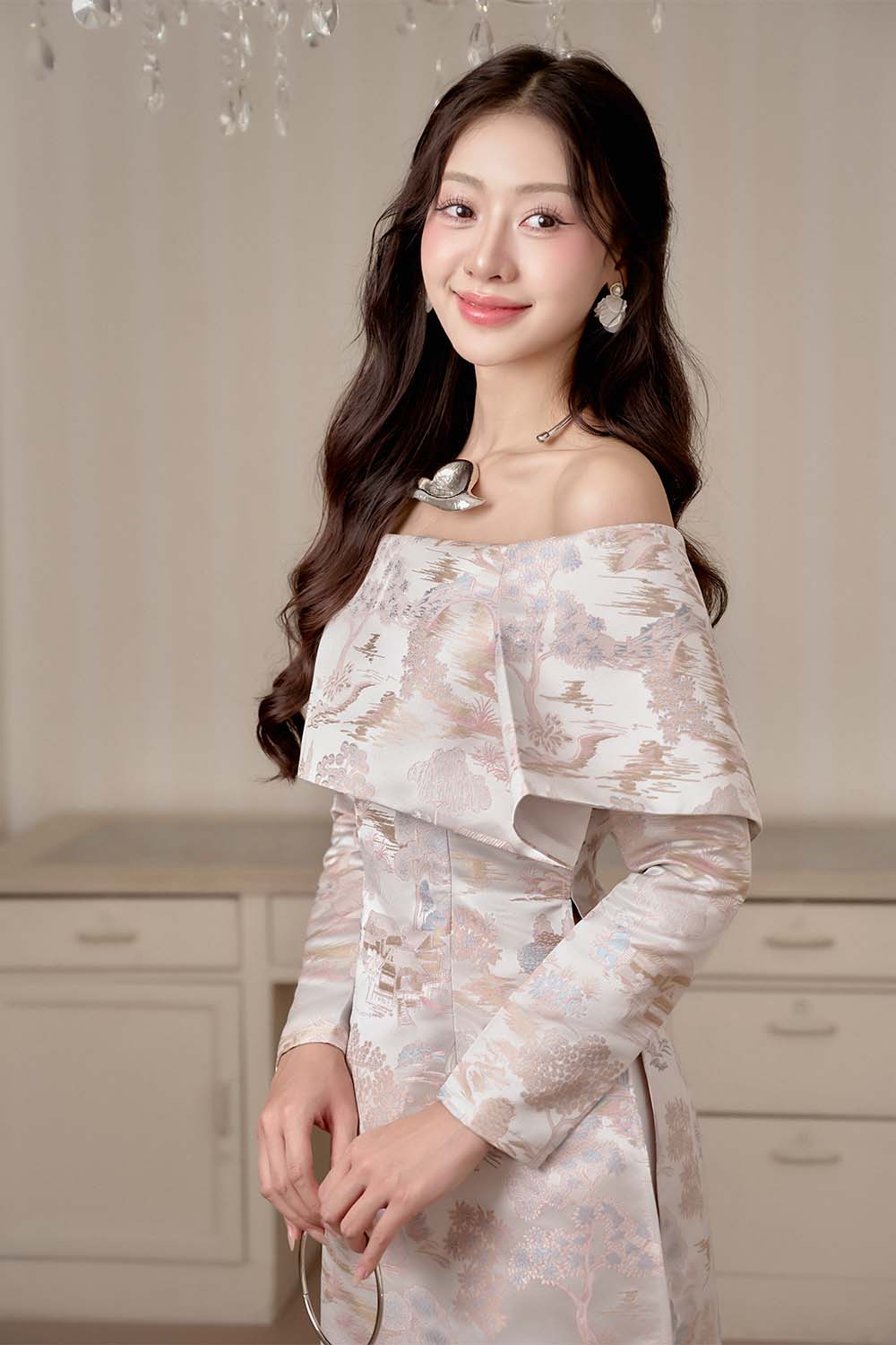 Giai Nhan A-line Off-Shoulder Brocade Ankle Length Set