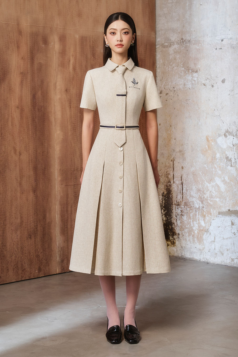 Lake A-line Collared Neck Linen Cotton Midi Dress