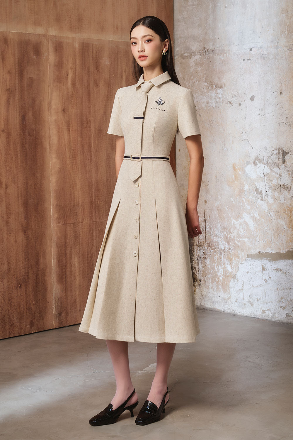 linen collared midi dress Red Linen Collared Midi Dress