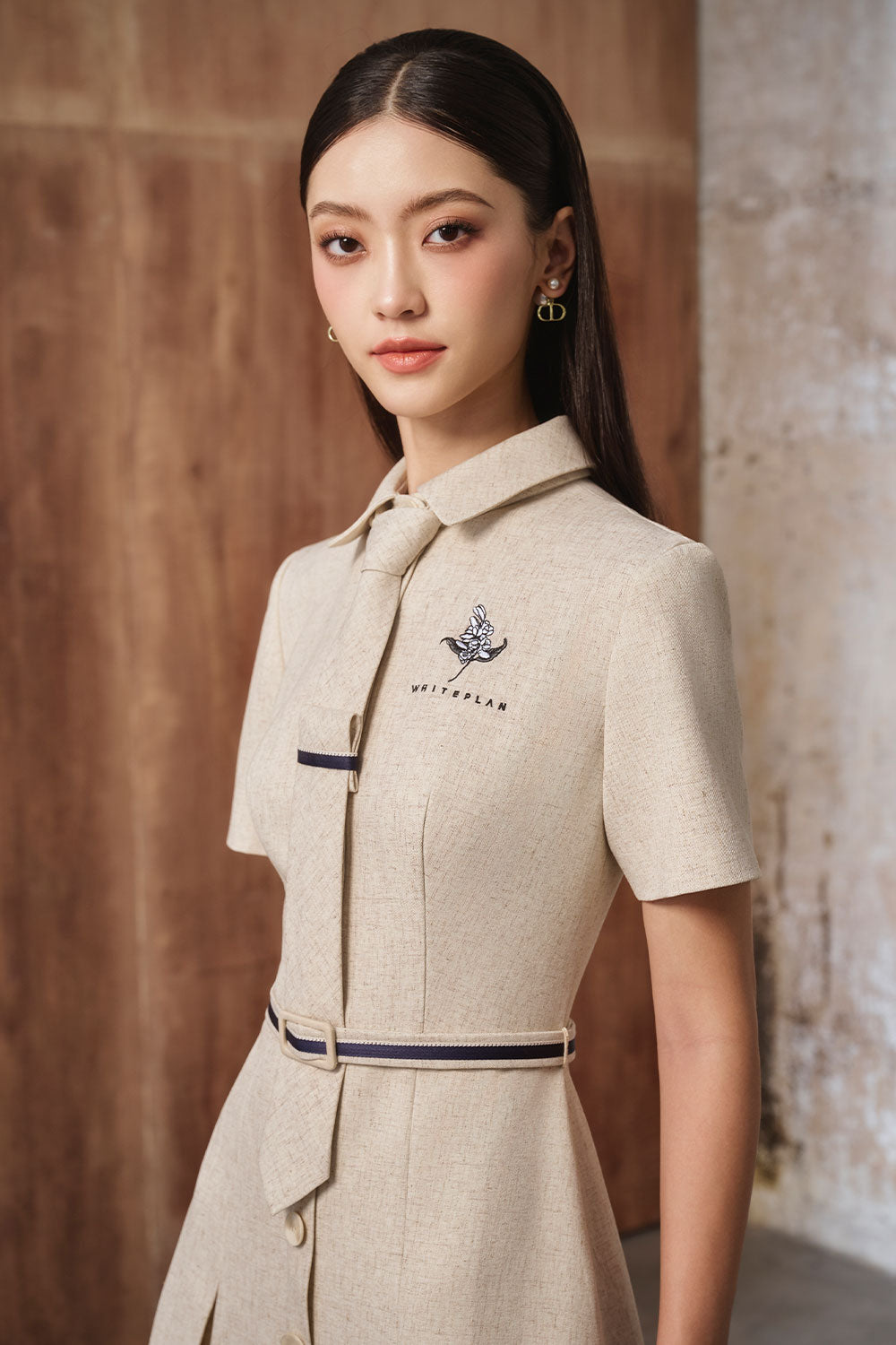 Lake A-line Collared Neck Linen Cotton Midi Dress