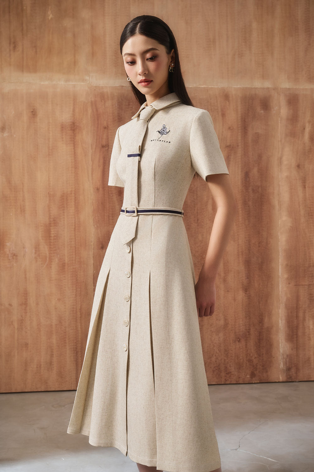 Women's Lake A-line Collared Neck Linen Cotton Midi Dress S/M/L/Customize Beige/White MEAN BLVD Beige / M