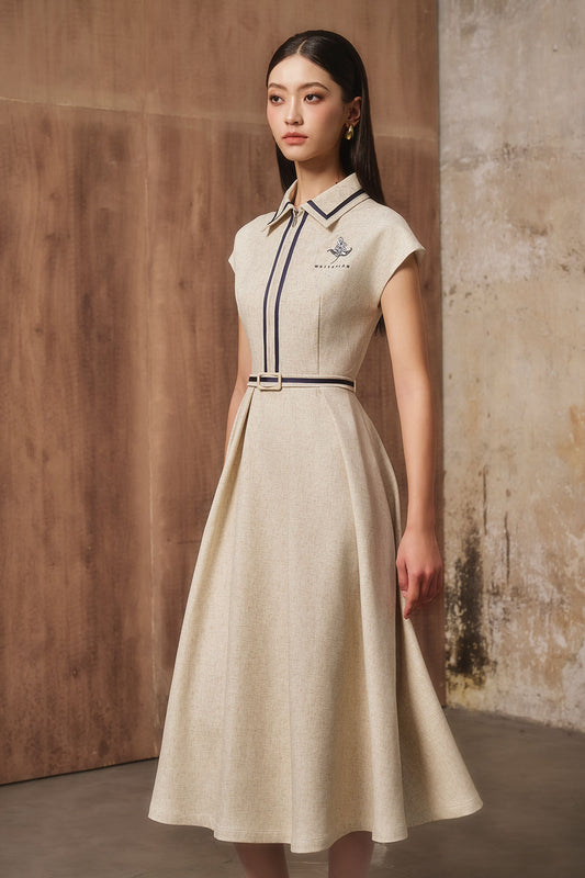 Onie A-line Cap Sleeved Linen Cotton Midi Dress