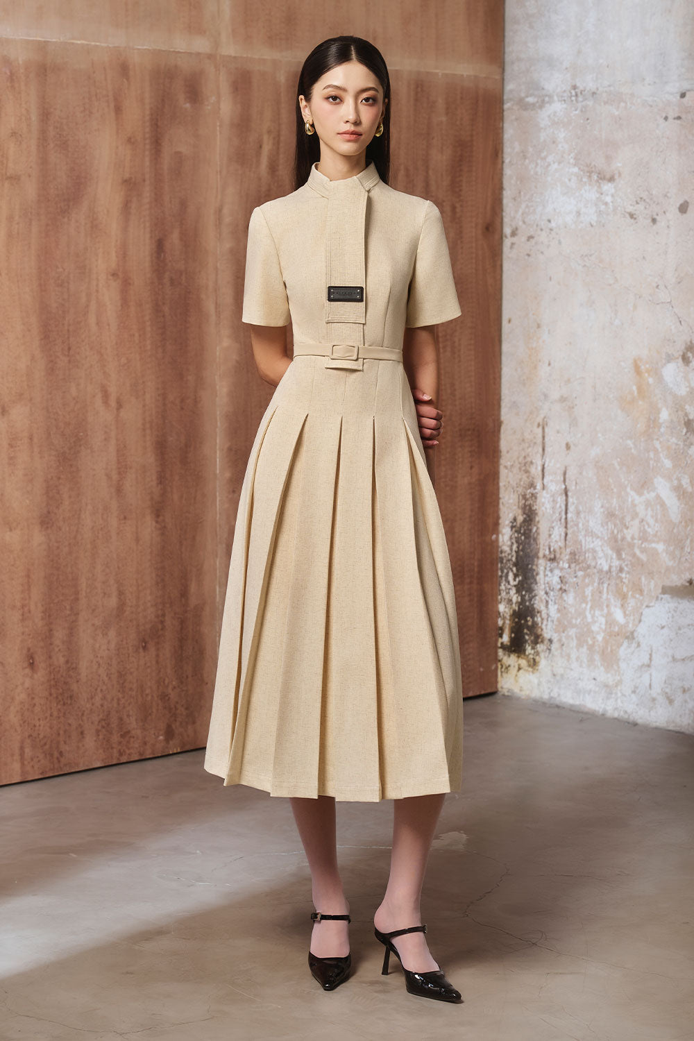 Women's Kame A-Line Box Pleated Linen Cotton Midi Dress S/M/L/Customize Beige Mean Blvd Beige / Customize Women's Kame A-Line Box Pleated Linen Cotton Midi Dress S/M/L/Customize Beige Mean Blvd Beige / Customize