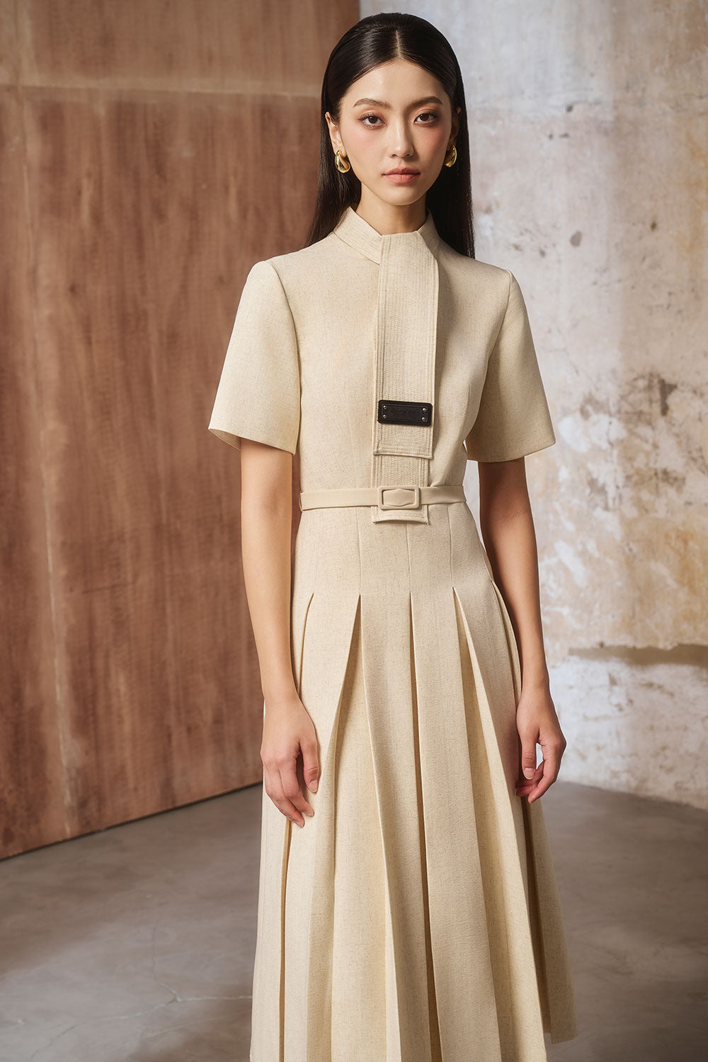 Women's Kame A-Line Box Pleated Linen Cotton Midi Dress S/M/L/Customize Beige Mean Blvd Beige / Customize