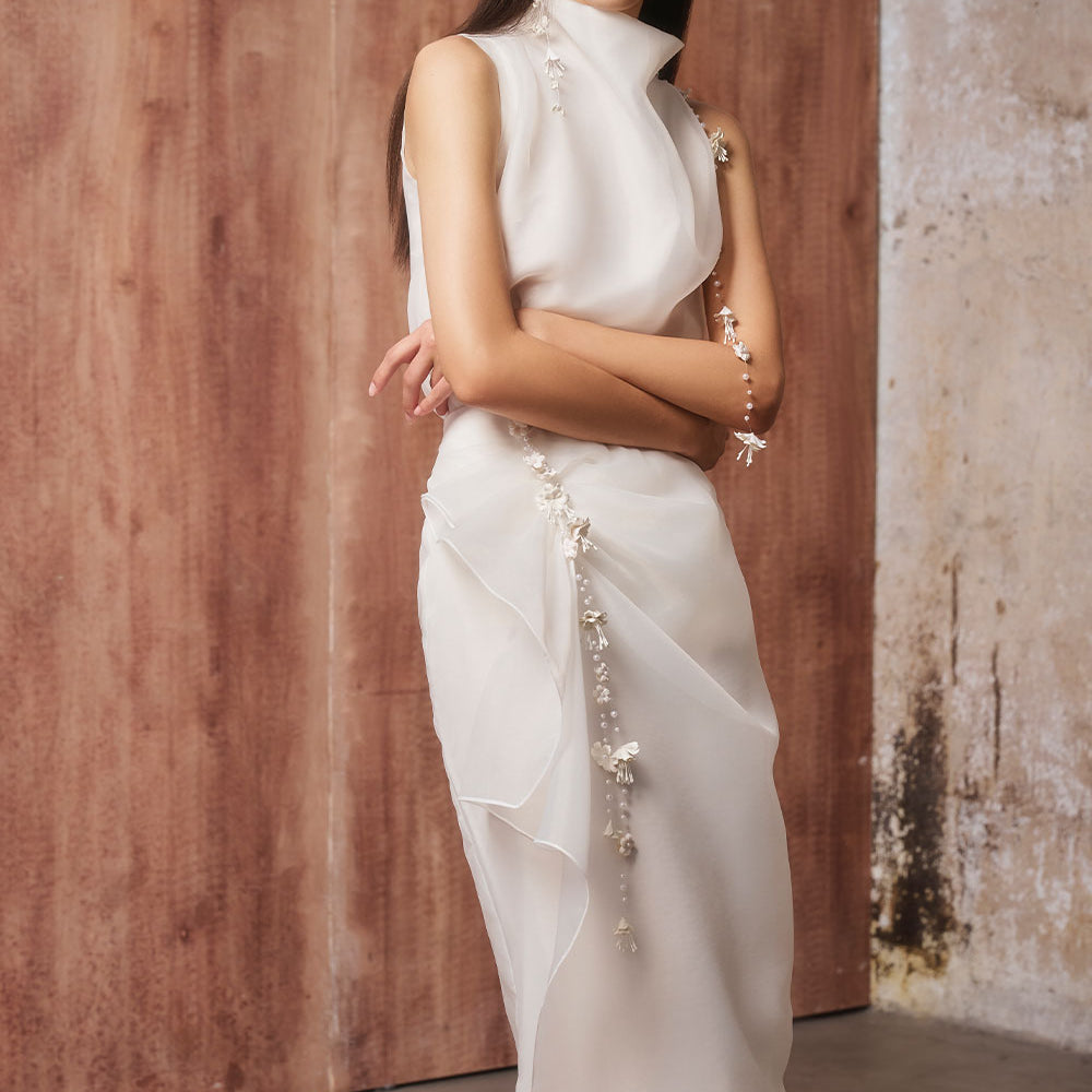 Bone Straight Layered Organza Midi Skirt