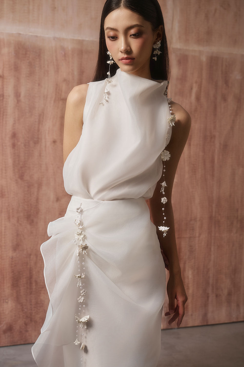 organza high neck dress Beige Warehouse Organza High Neck Tier Midi Smock Dress