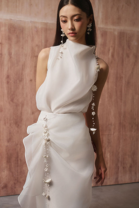 Bone Sheath High Neck Organza Midi Set