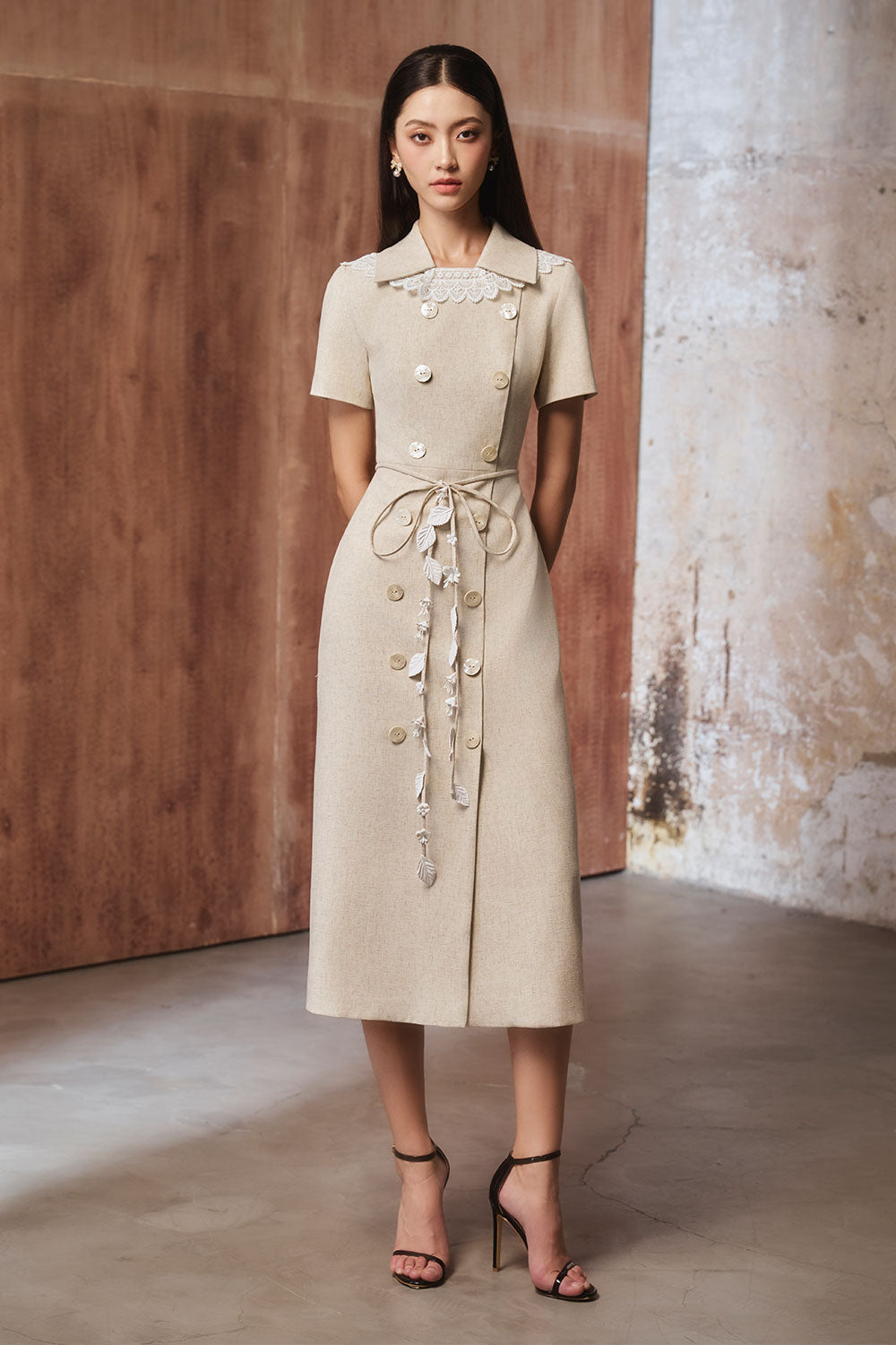 a line cotton midi dress Women's Sillen A-line Short Sleeved Linen Cotton Midi Dress S/M/L/Customize Beige/White MEAN BLVD Beige / Customize
