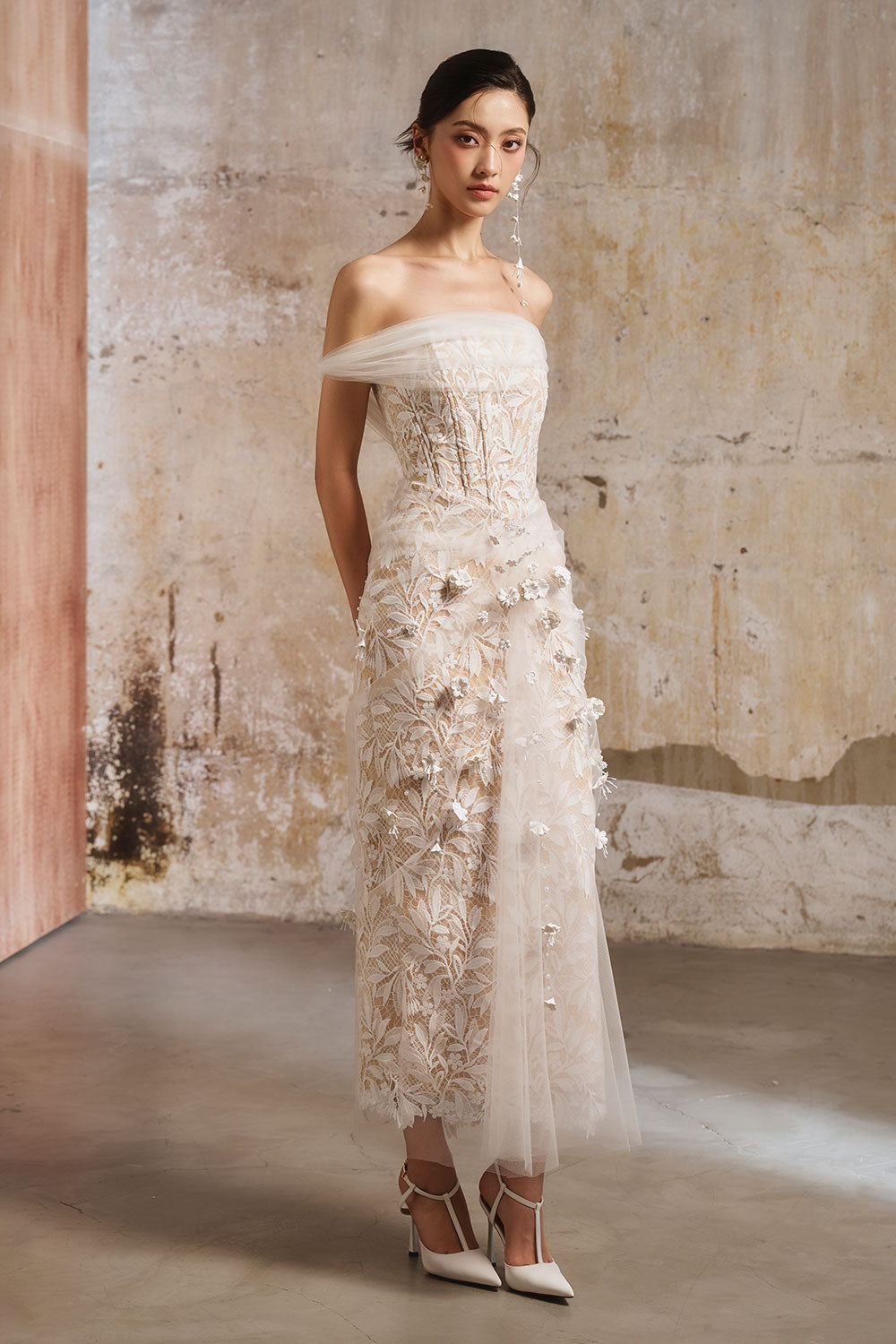 Cammy Sheath Off-Shoulder Lace Midi Dress