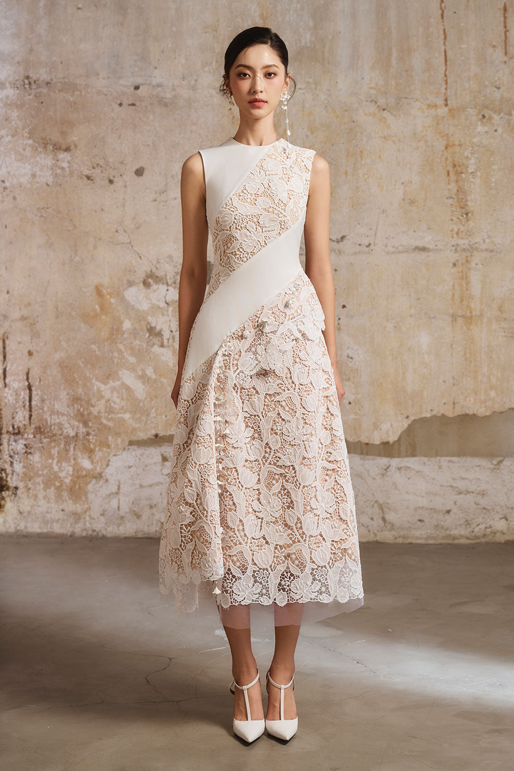 lace a line midi dress Women's Muses A-line Short Sleeved Lace Midi Dress S/M/L/Customize White Floral MEAN BLVD L / White / Floral