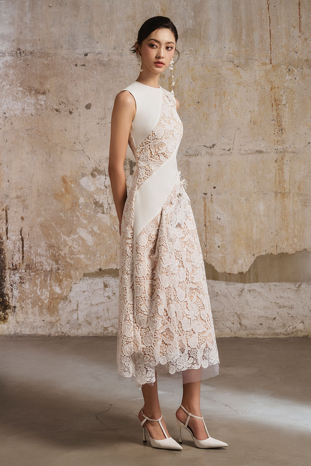 lace a line midi dress Puff-Sleeve Off-White A-Line Midi Dress
