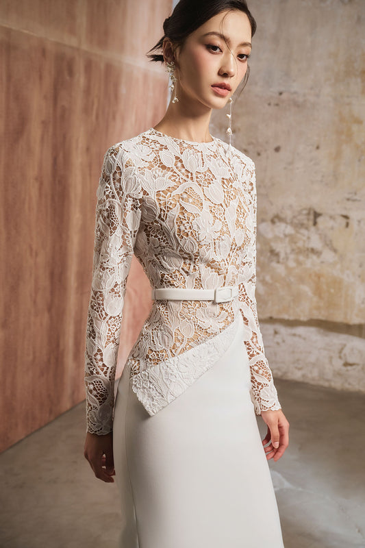 Vincie Sheath Boat Neck Lace Midi Dress