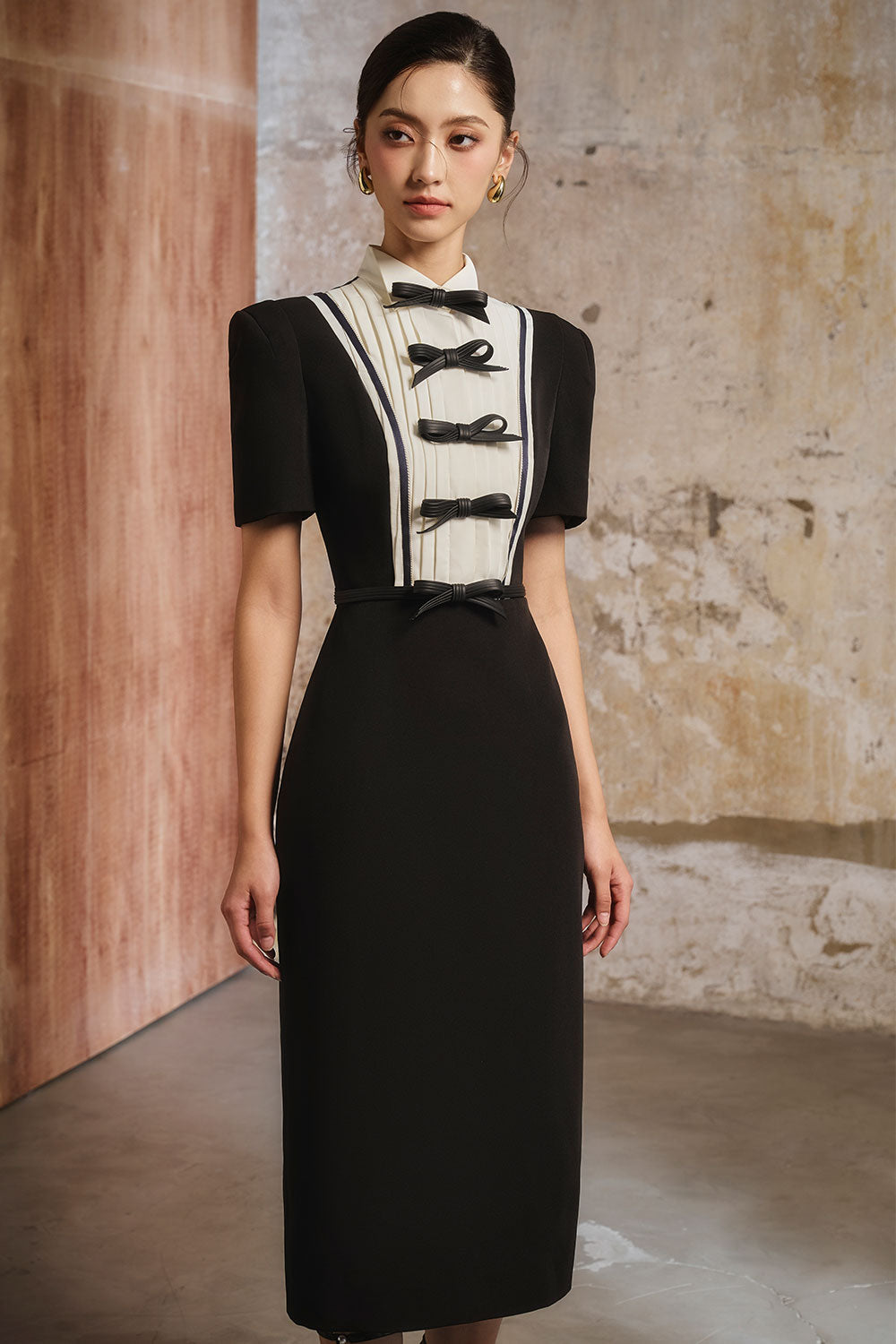 Hollen Sheath Pleated Chest Linen Cotton Midi Dress