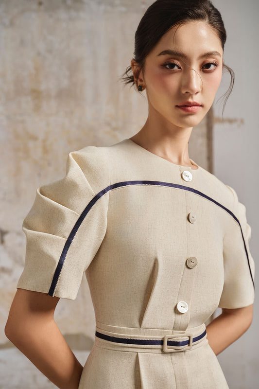 Croisant A-line Puffy Sleeved Linen Cotton Midi Dress