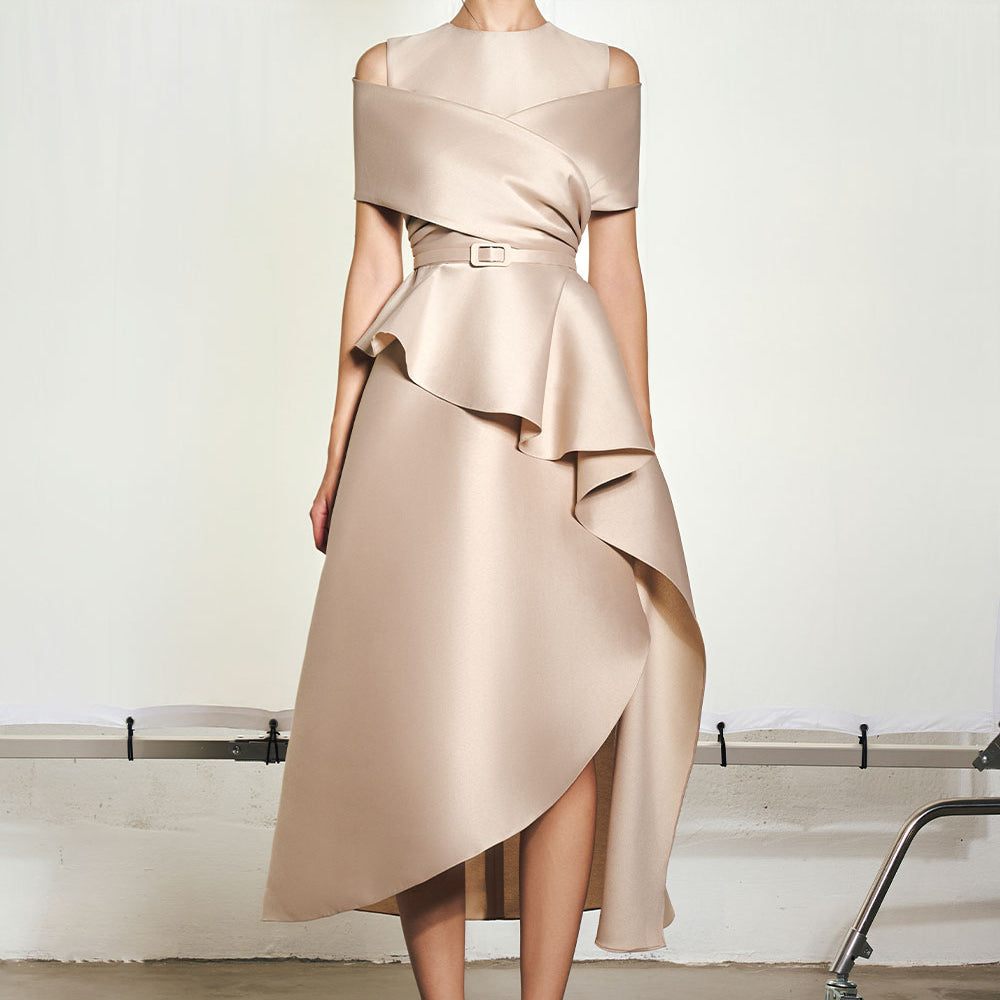 Elvin Asymmetric Cold Shoulder Sleeved Taffeta Midi Dress