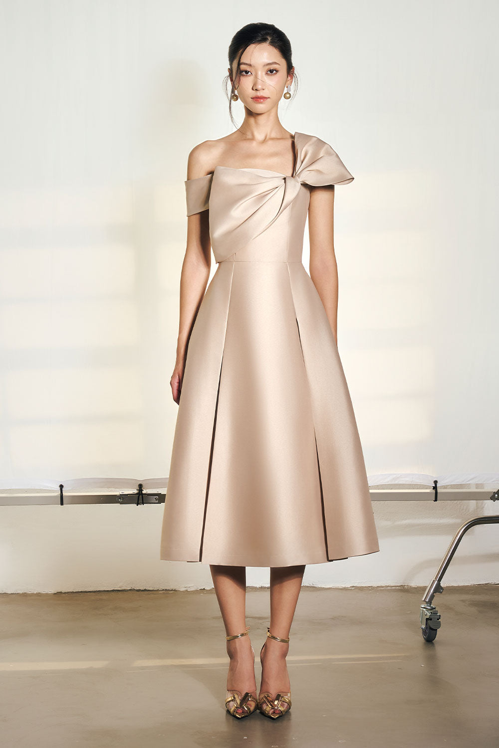 Esther A-line Asymmetric Taffeta Midi Dress