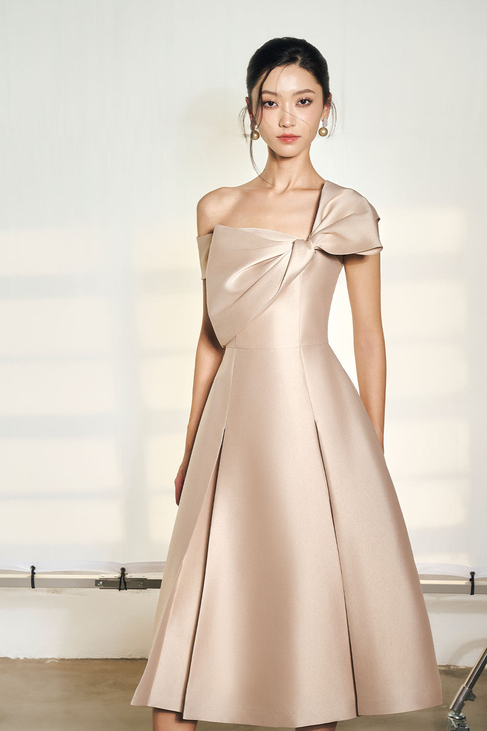 Women's Esther A-Line One Shoulder Taffeta Midi Dress S/M/L/Customize Beige Mean Blvd Beige / S Women's Esther A-Line One Shoulder Taffeta Midi Dress S/M/L/Customize Beige Mean Blvd Beige / S