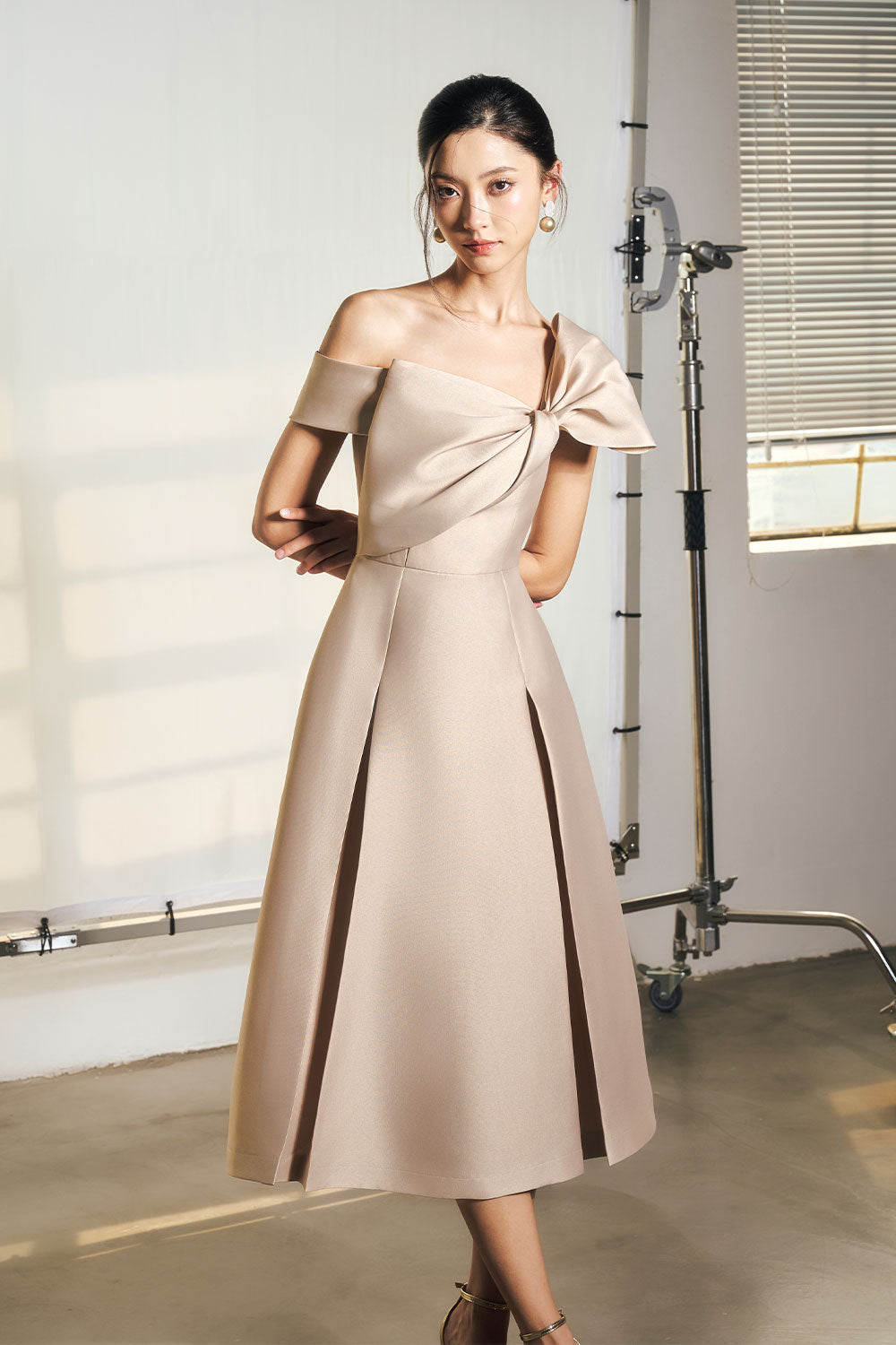 Esther A-line Asymmetric Taffeta Midi Dress