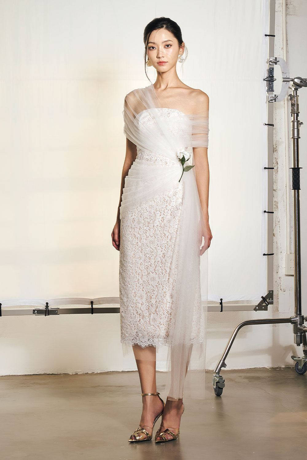 Gloria Sheath Flower Applique Mesh Lace Midi Dress