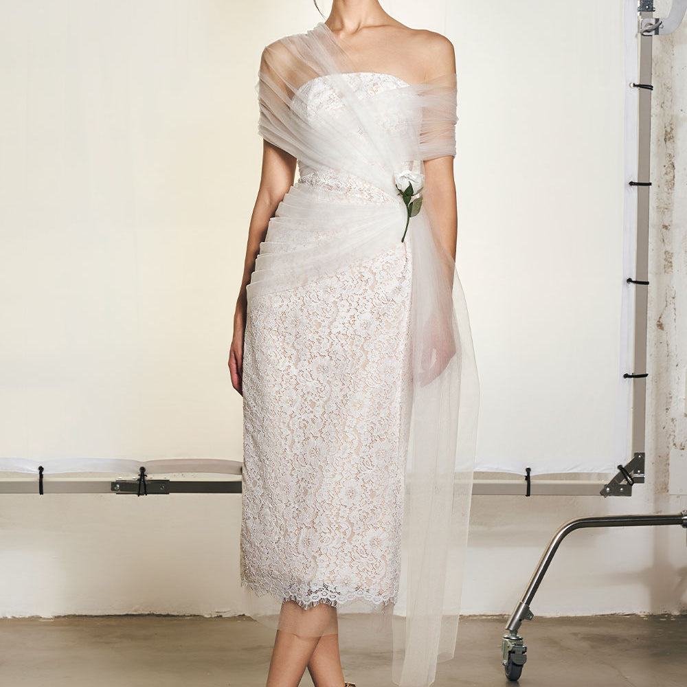 Gloria Sheath Flower Applique Mesh Lace Midi Dress