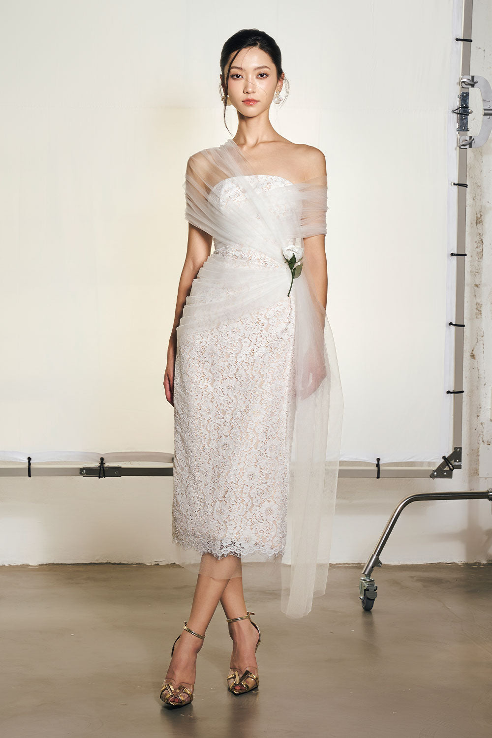 Gloria Sheath Flower Applique Mesh Lace Midi Dress