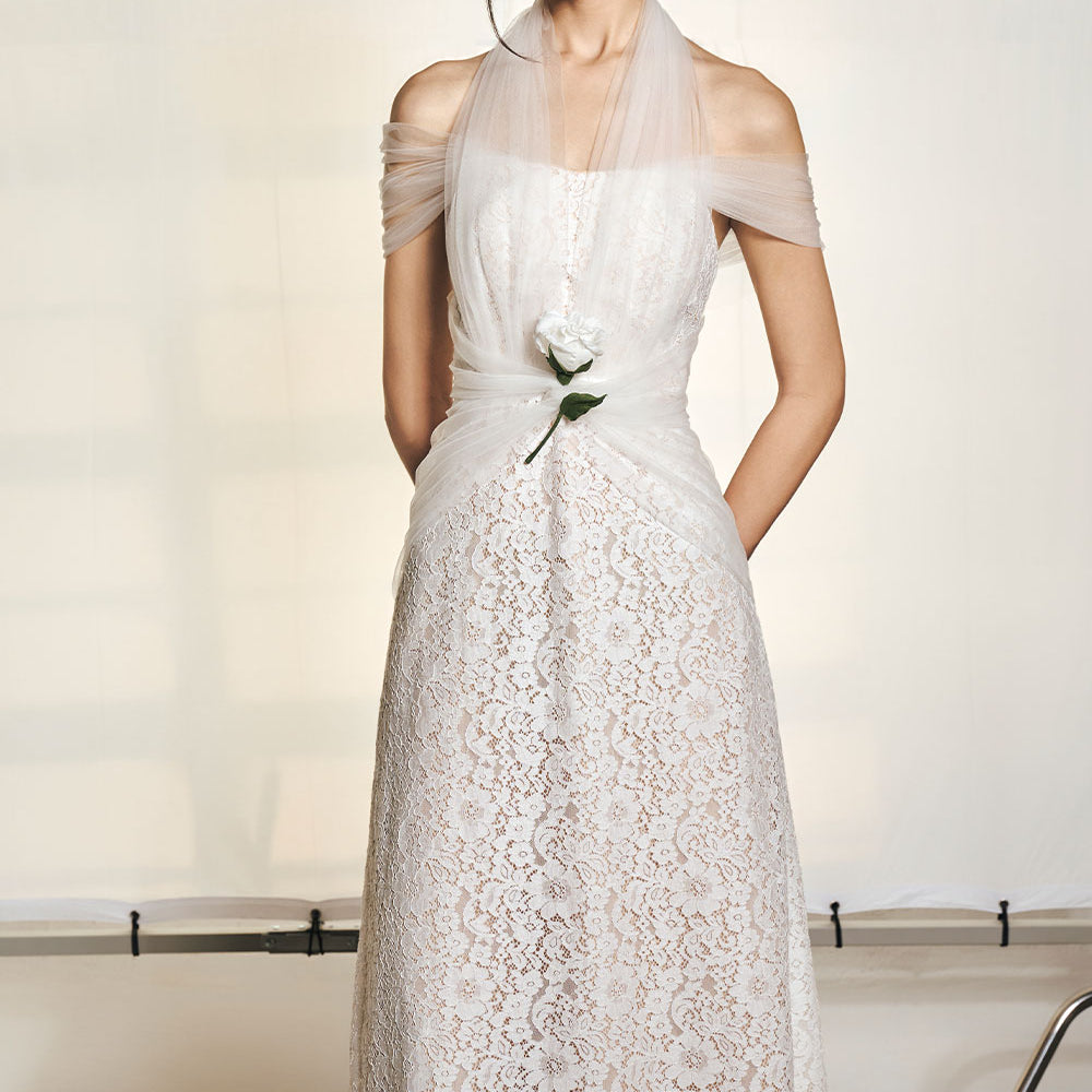 Dairy A-line Flower Applique Mesh Lace Midi Dress