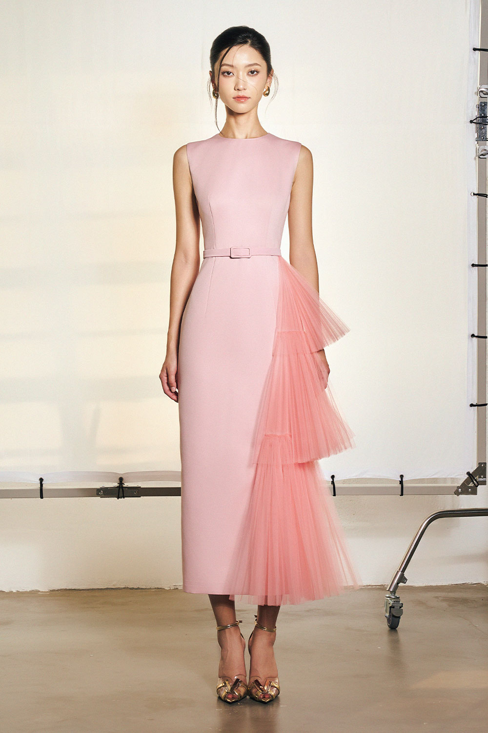 Melanie Sheath Ruffle Layer Polyester Midi Dress