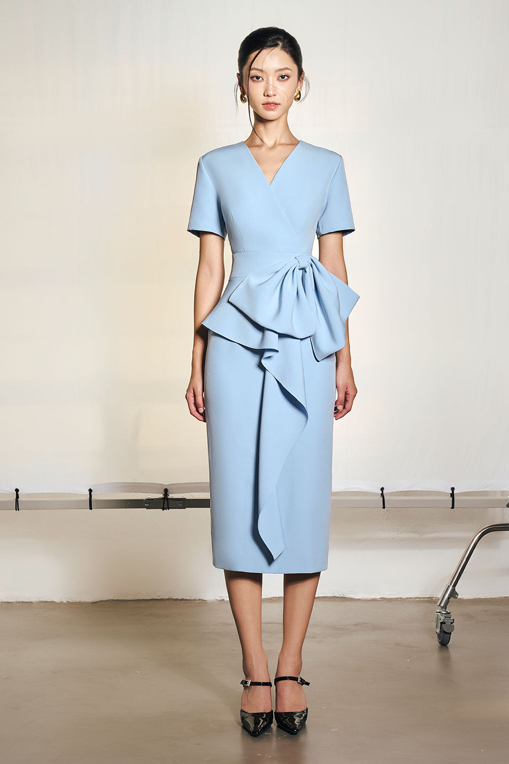 Snow Sheath Draped Silk Midi Dress