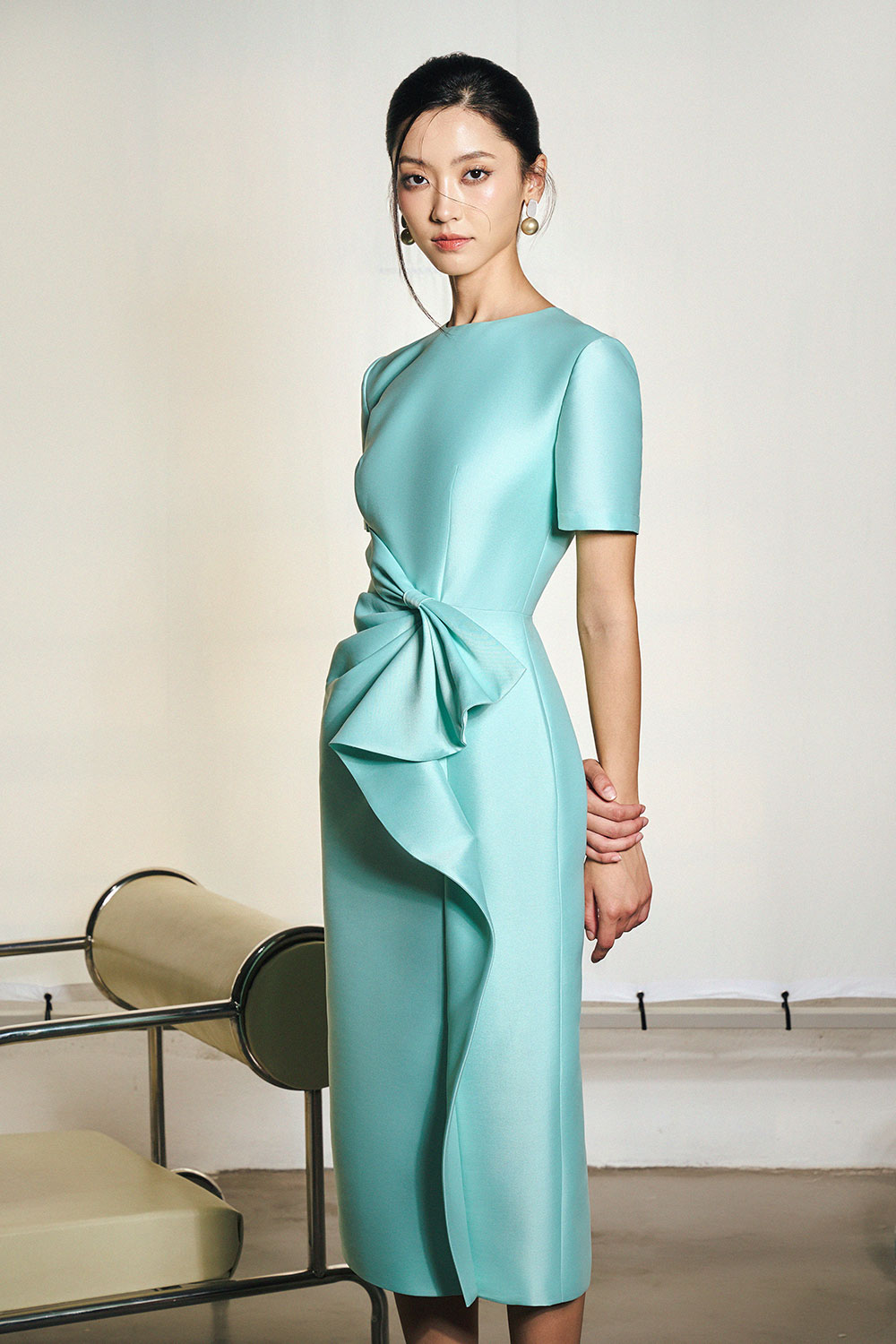 Natalie Sheath Draped Taffeta Midi Dress