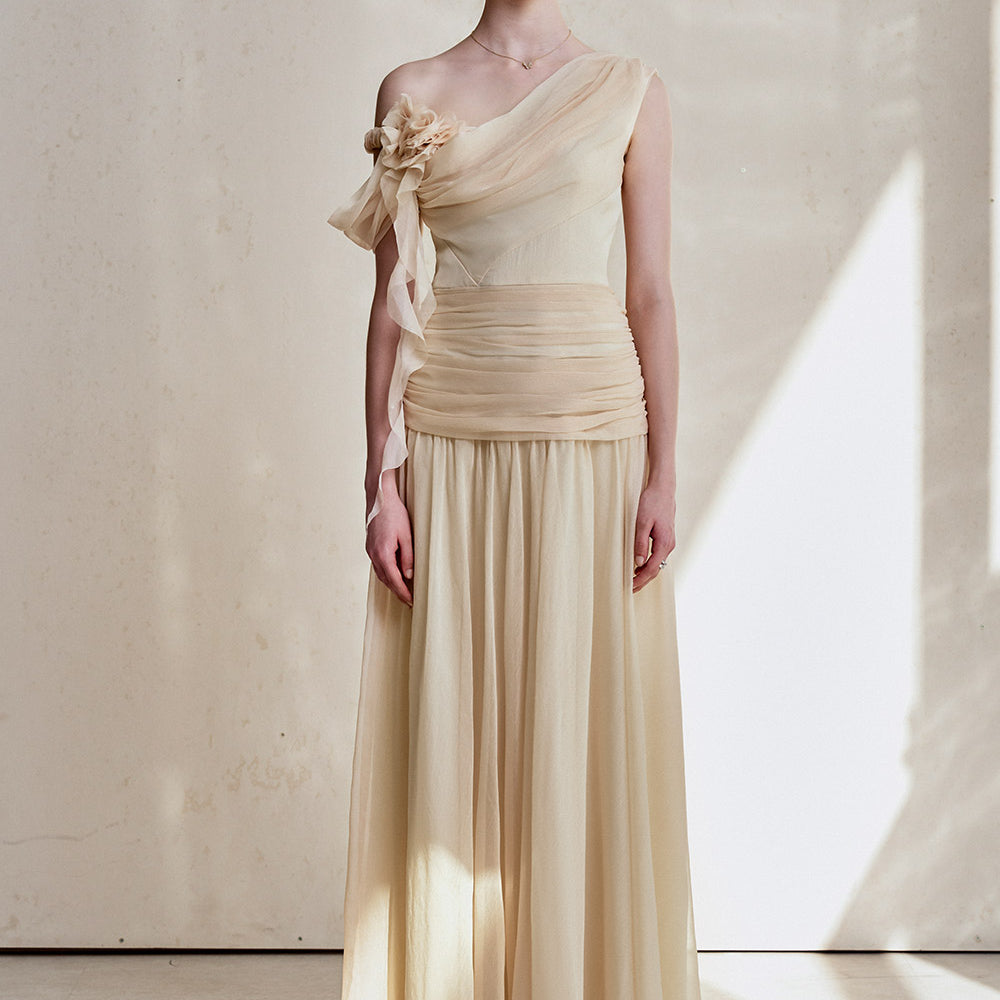 Venus Gathered Asymmetric Neck Silk Chiffon Floor Length Dress