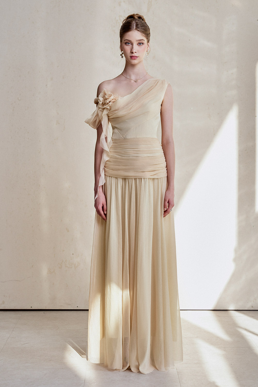 Women's Venus Gathered Asymmetric Neck Silk Chiffon Floor Length Dress