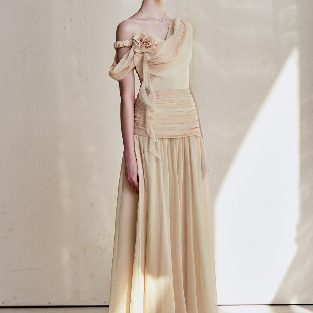 Venus Gathered Asymmetric Neck Silk Chiffon Floor Length Dress