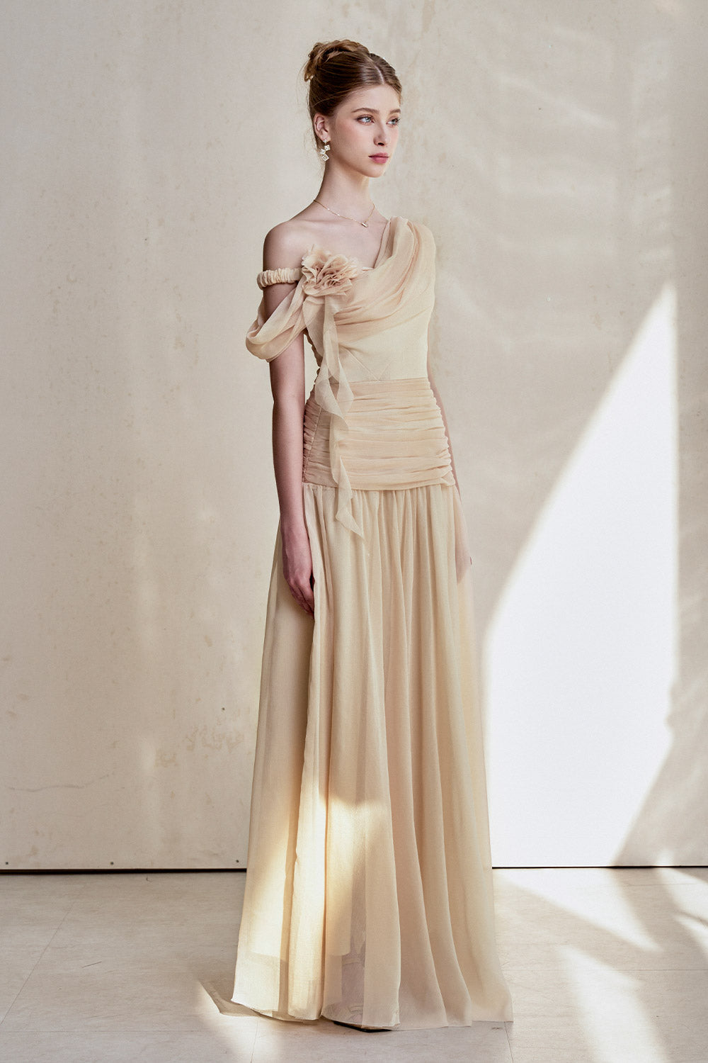 Venus Gathered Asymmetric Neck Silk Chiffon Floor Length Dress