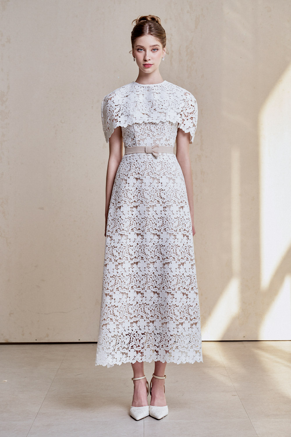 Dulcie A-line Cape Sleeved Cotton Lace Midi Dress