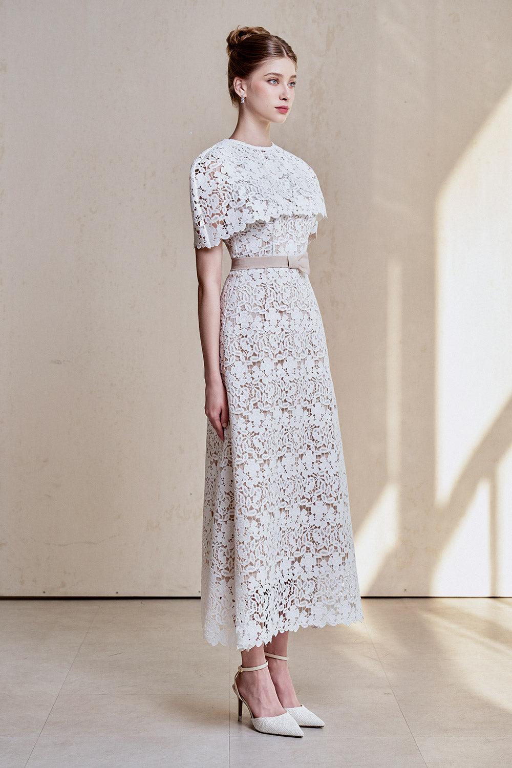 Dulcie A-line Cape Sleeved Cotton Lace Midi Dress