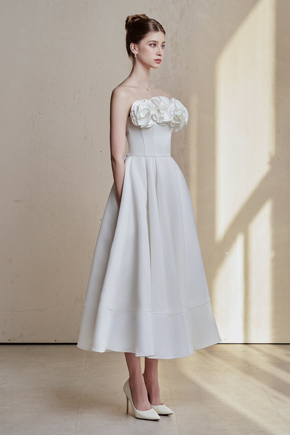 Peony Fit and Flare Flower Applique Taffeta Cotton Midi Dress