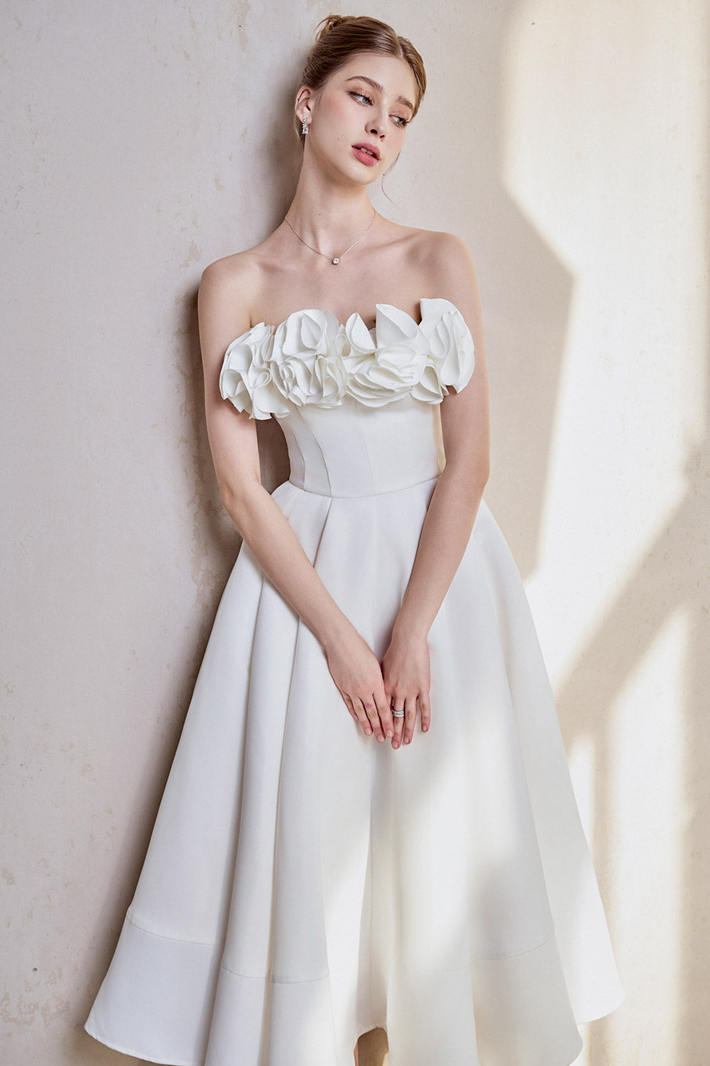 knee length dresses for ladies Women's Peony Fit and Flare Flower Applique Taffeta Cotton Midi Dress S/M/L/Customize White Mean Blvd White / S