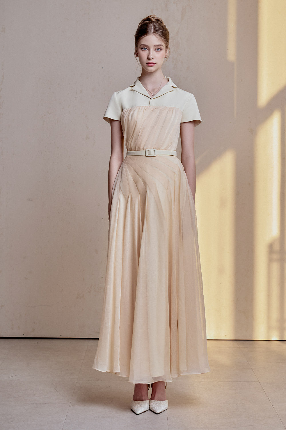 Rivera A-line Short Sleeved Silk Chiffon Ankle Length Dress