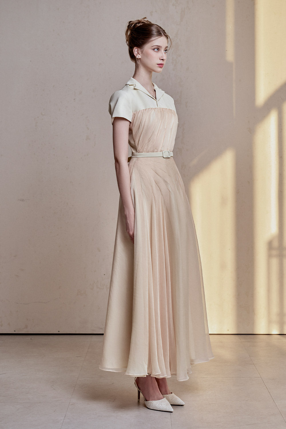 Rivera A-line Short Sleeved Silk Chiffon Ankle Length Dress