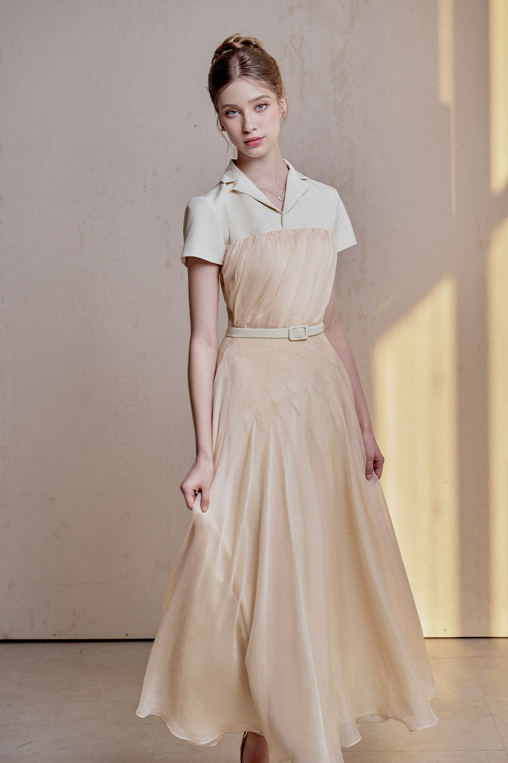 Rivera A-line Short Sleeved Silk Chiffon Ankle Length Dress