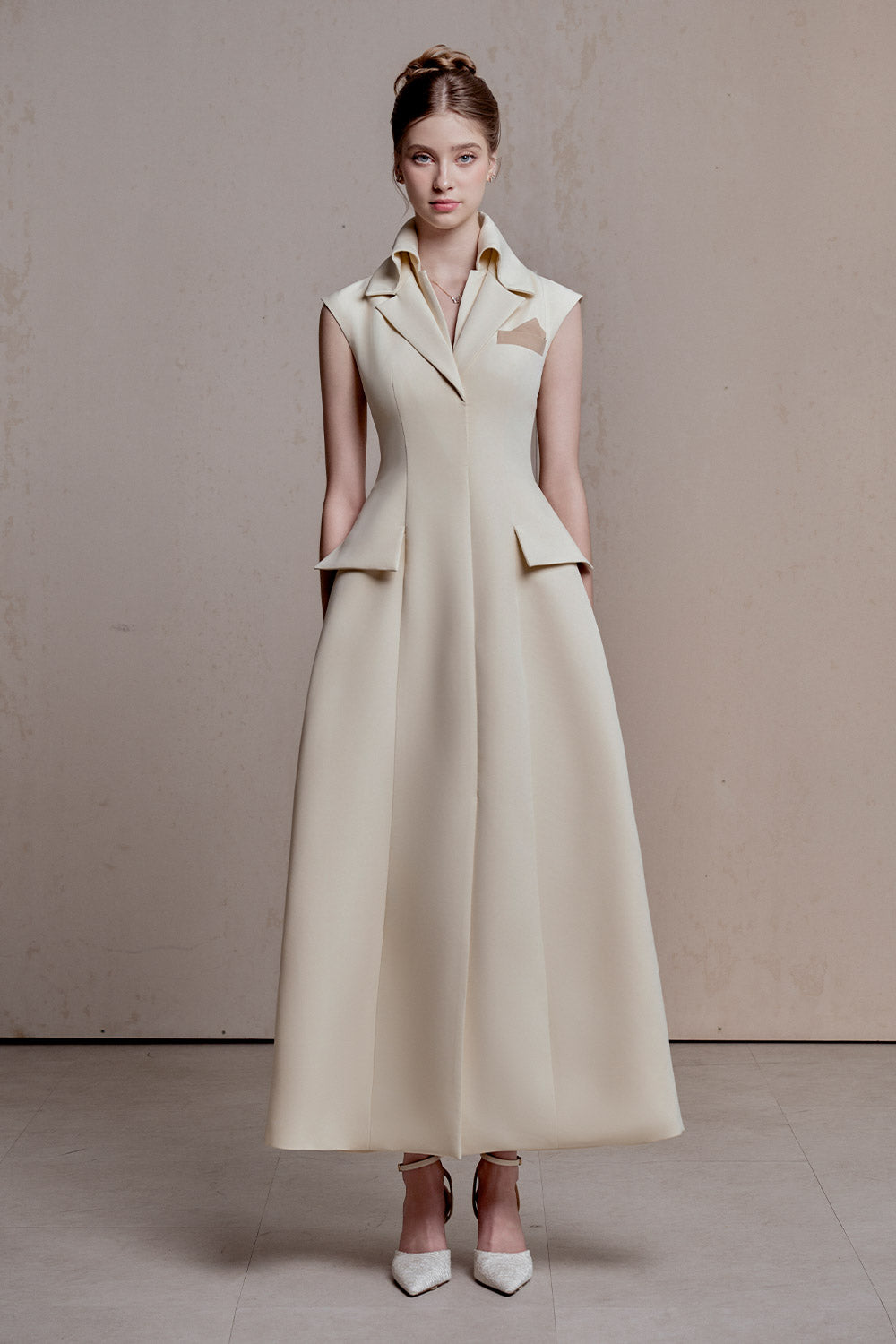 Enya A-line Notch Lapel Spandex Homespun Ankle Length Dress