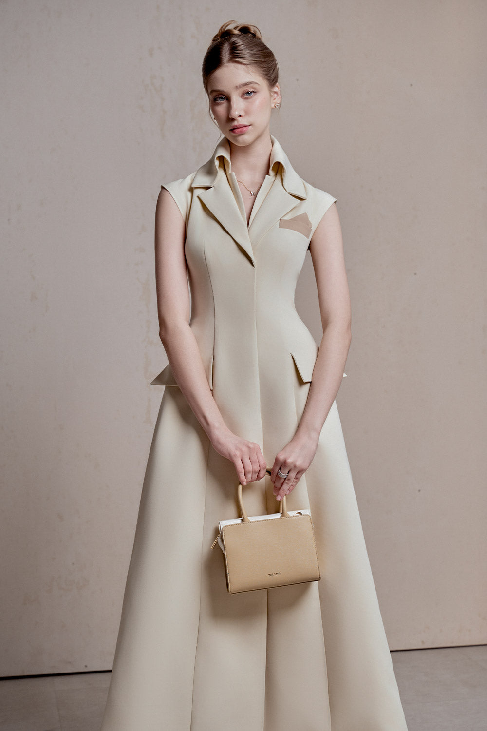 Enya A-line Notch Lapel Spandex Homespun Ankle Length Dress