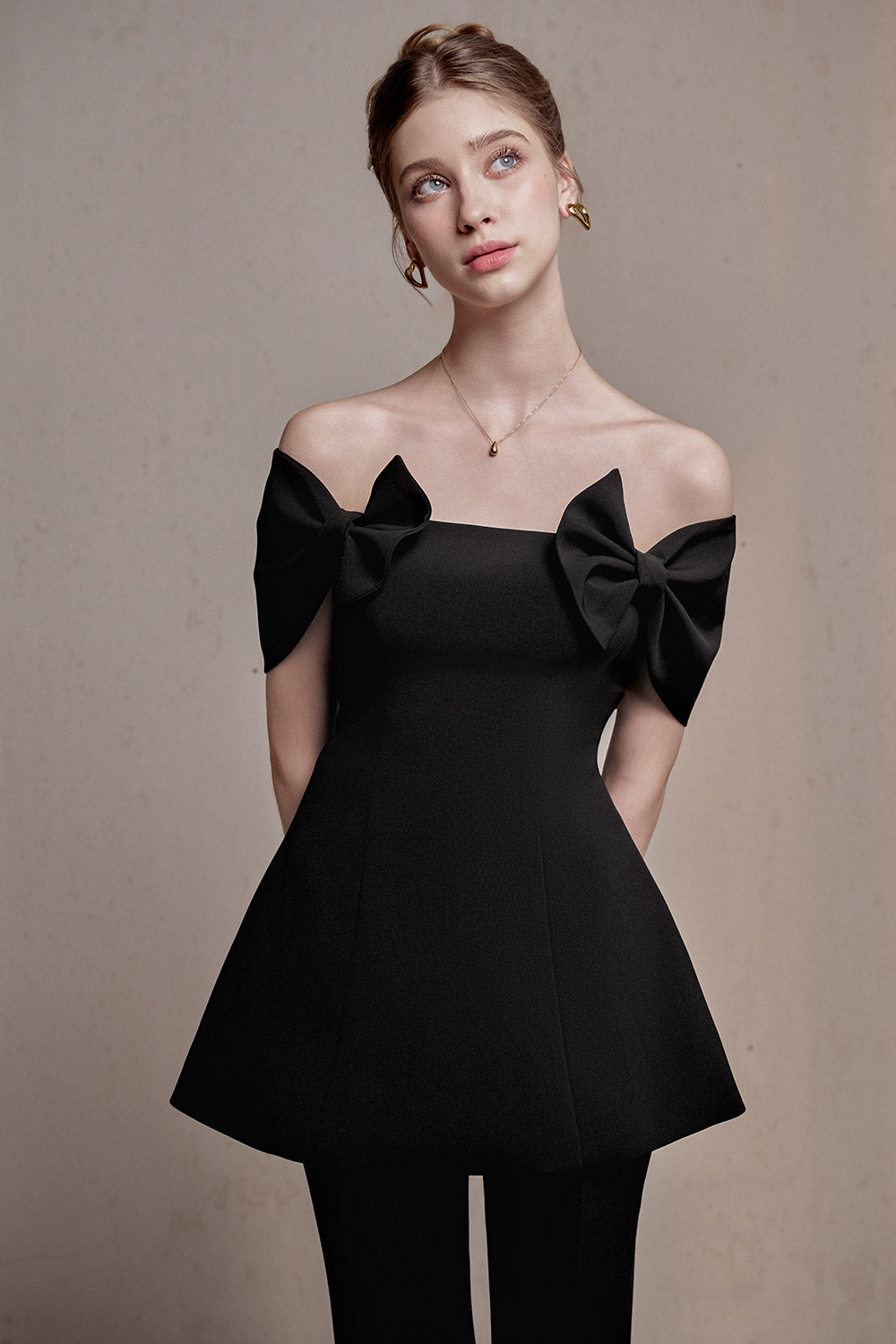 open lace back dress Janique 1020 - Off-Shoulder Peplum Gown 12 / Champagne main image 1