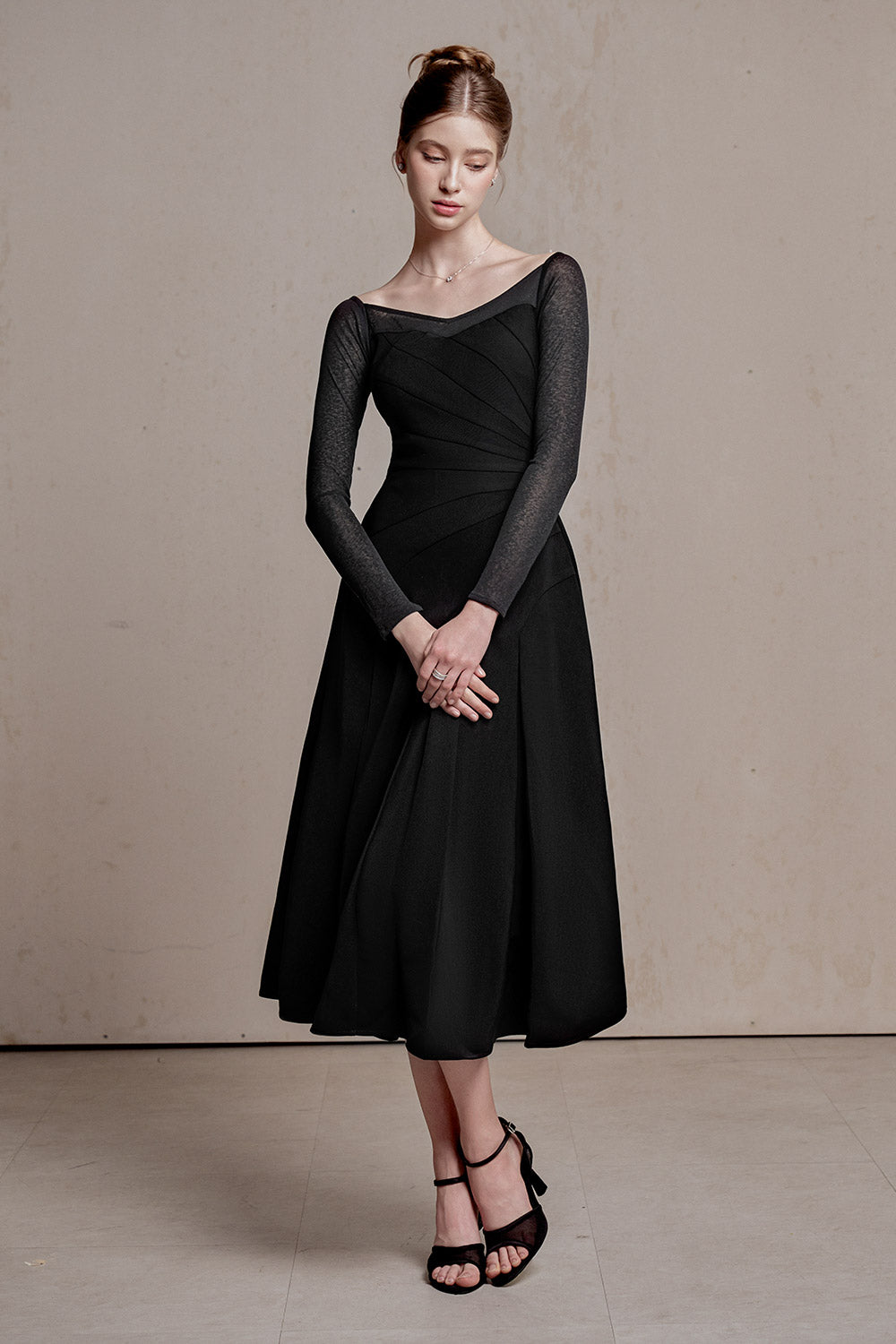 Estella A-line Long Sleeved Cotton Spandex Midi Dress