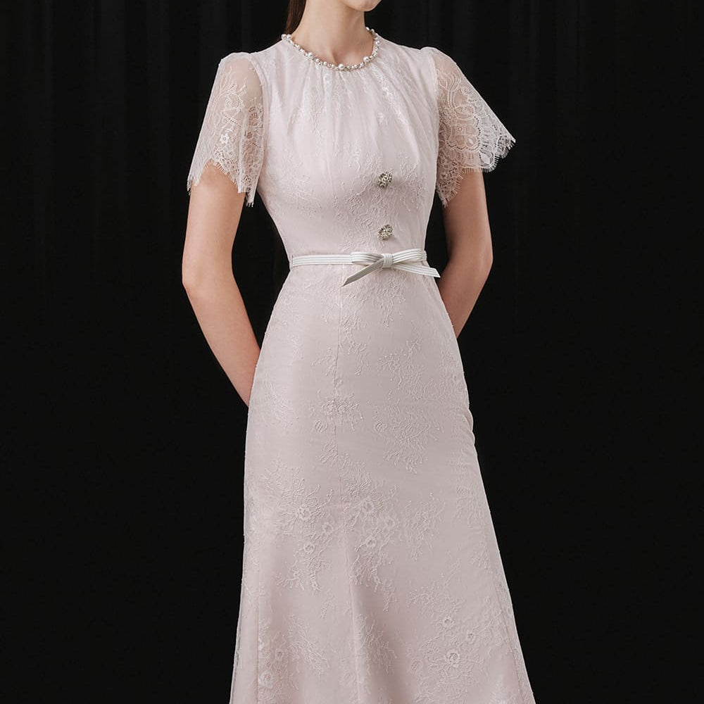 Prucel Mermaid Round Neck Lace Calf Length Dress