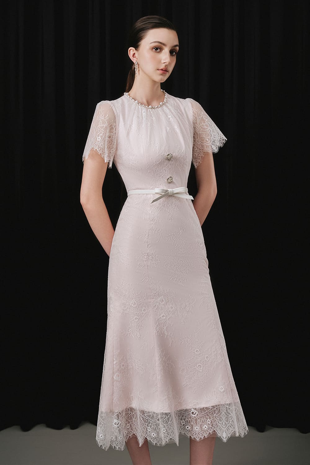 Women's Prucel Mermaid Round Neck Lace Calf Length Dress S/M/L/Customize White&Pink/White MEAN BLVD White&Pink / Customize