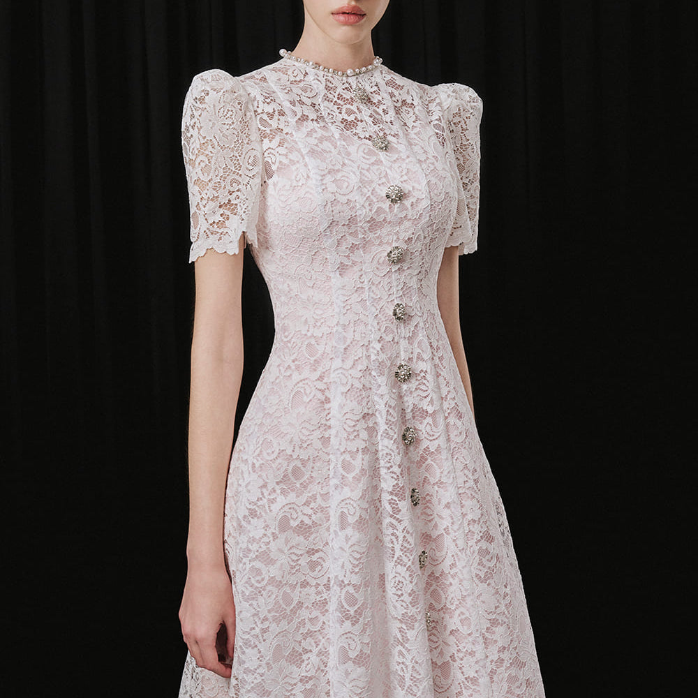 Women's Annely A-line Mock Neck Lace Midi Dress S/M/L/Customize White&Pink/White MEAN BLVD White&Pink / M Women's Annely A-line Mock Neck Lace Midi Dress S/M/L/Customize White&Pink/White MEAN BLVD White&Pink / M