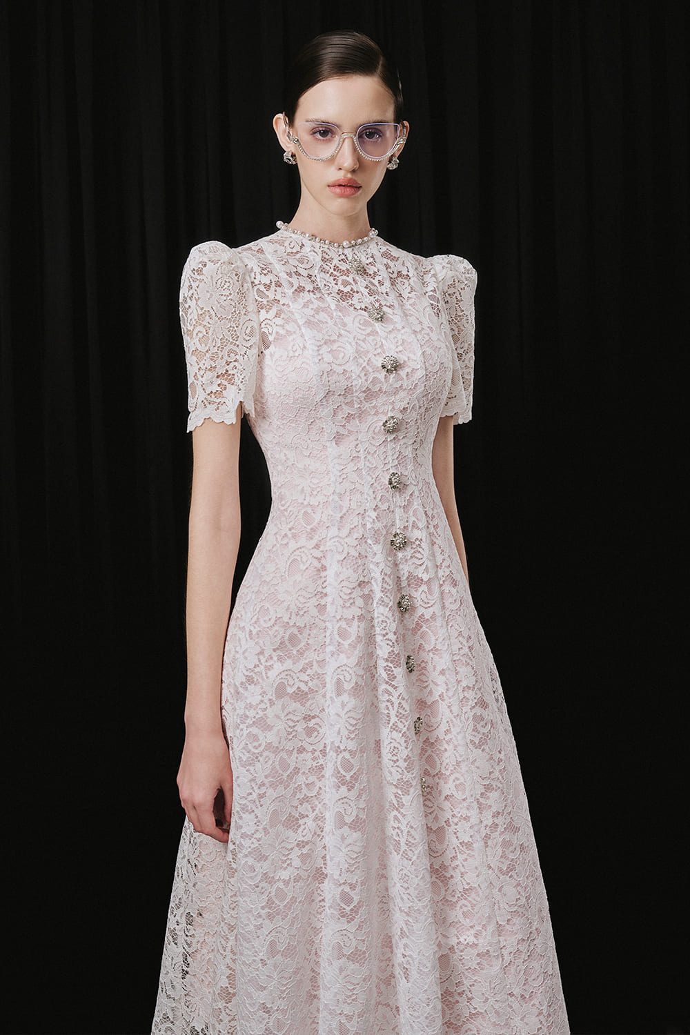 Women's Annely A-line Mock Neck Lace Midi Dress S/M/L/Customize White&Pink/White MEAN BLVD White&Pink / M Women's Annely A-line Mock Neck Lace Midi Dress S/M/L/Customize White&Pink/White MEAN BLVD White&Pink / M